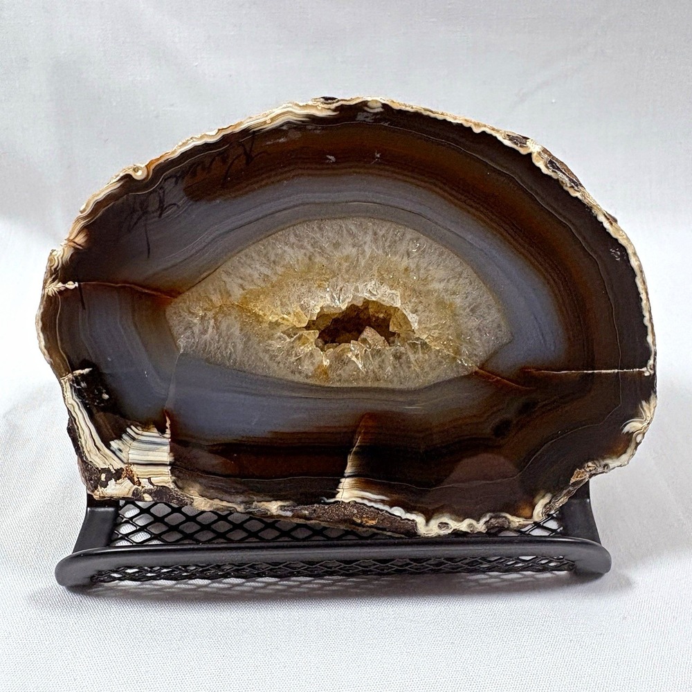 Polished Banded Agate Geode Slice w/ Druzy Quartz Center Brown/White 3.5in O-471